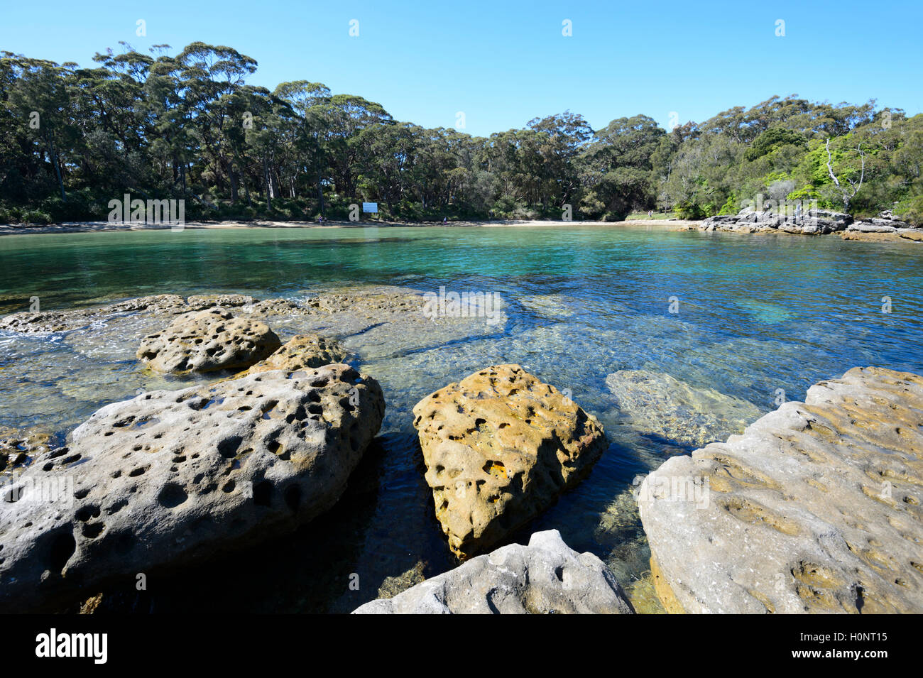Vue panoramique de Honeymoon Bay, Beecroft, Jervis Bay, New South Wales, NSW, Australie Banque D'Images