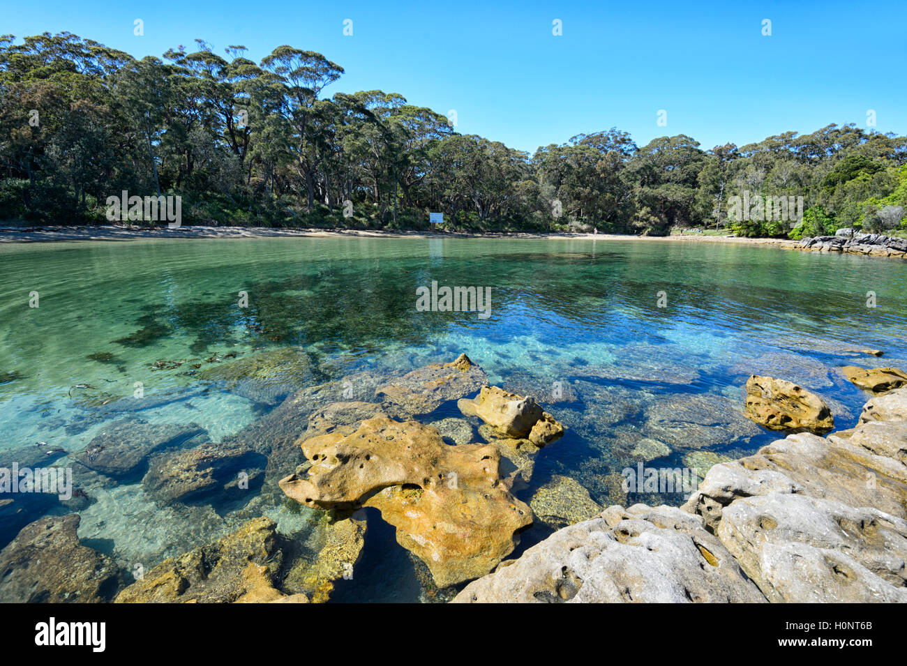 Vue panoramique de Honeymoon Bay, Beecroft, Jervis Bay, New South Wales, NSW, Australie Banque D'Images