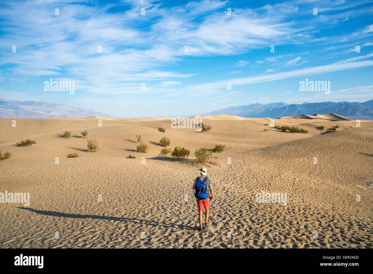 Jeune homme randonnée sur les dunes de sable, touristiques, de Mesquite Flat dunes de sable, contreforts de l'Amargosa Range derrière, la vallée de la mort Banque D'Images