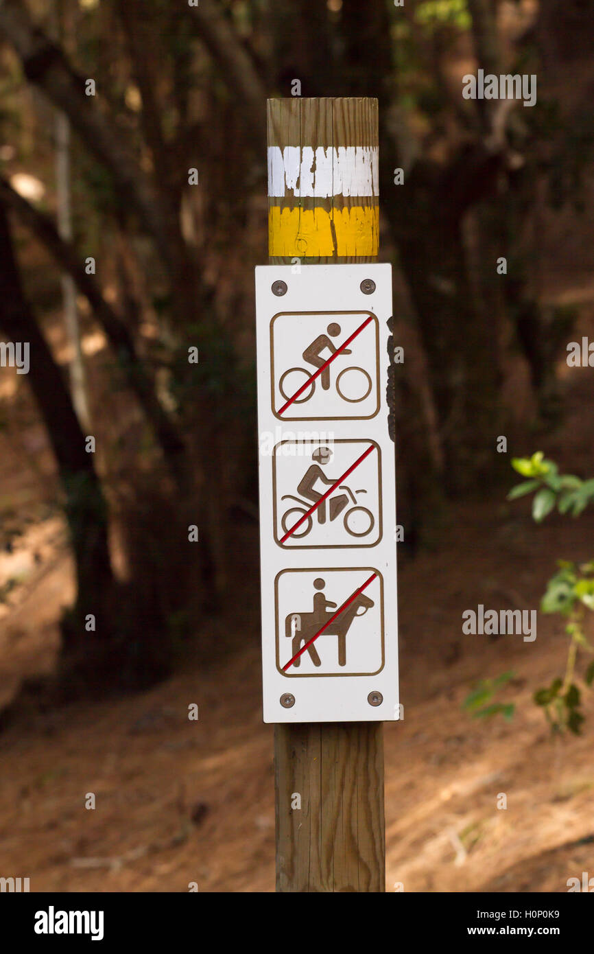 L'Europe route de terre à forêt de pins avec inscription entrez limitant en vélo, à cheval, en moto. À pied uniquement Banque D'Images