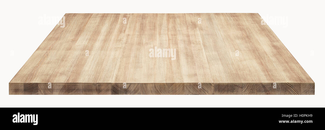 Haut de table en bois sur fond blanc. Banque D'Images