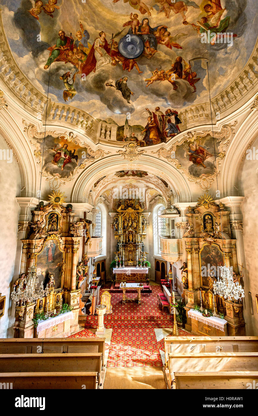 L'église paroissiale de Saint Margareth, intérieur baroque et rococo, plafond, Haute-Bavière, Bavière, Allemagne Banque D'Images