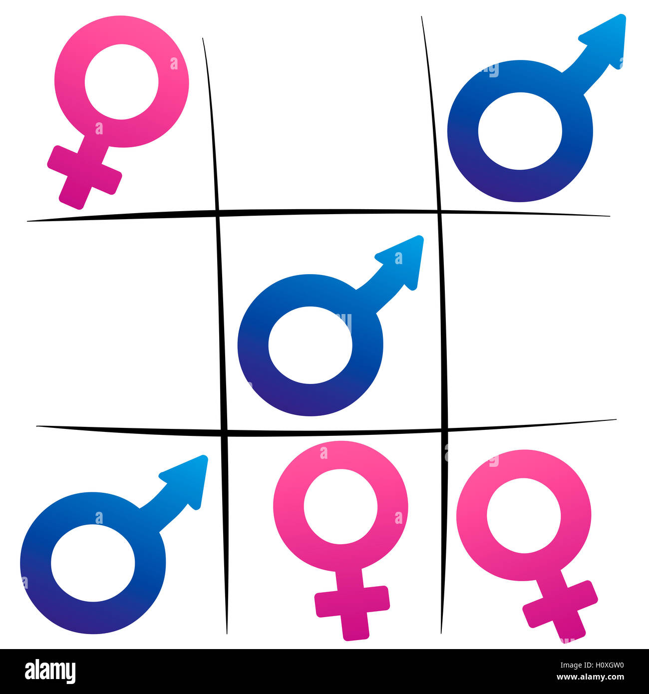 Lutte entre les sexes - winning man - symboles féminins et masculins de jouer Tic Tac Toe. Banque D'Images