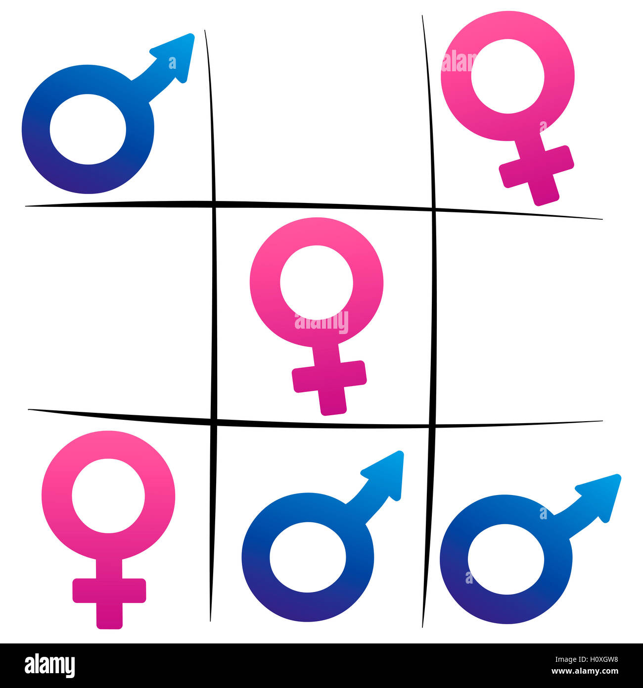 Lutte entre les sexes - femme gagnante - symboles féminins et masculins de jouer Tic Tac Toe. Banque D'Images