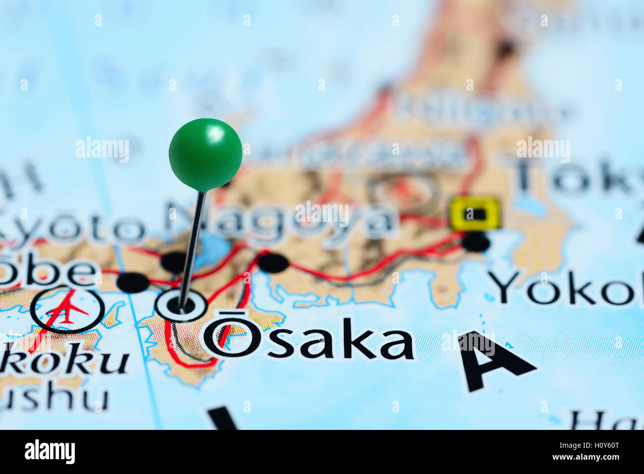 Osaka épinglée sur une carte du Japon Banque D'Images