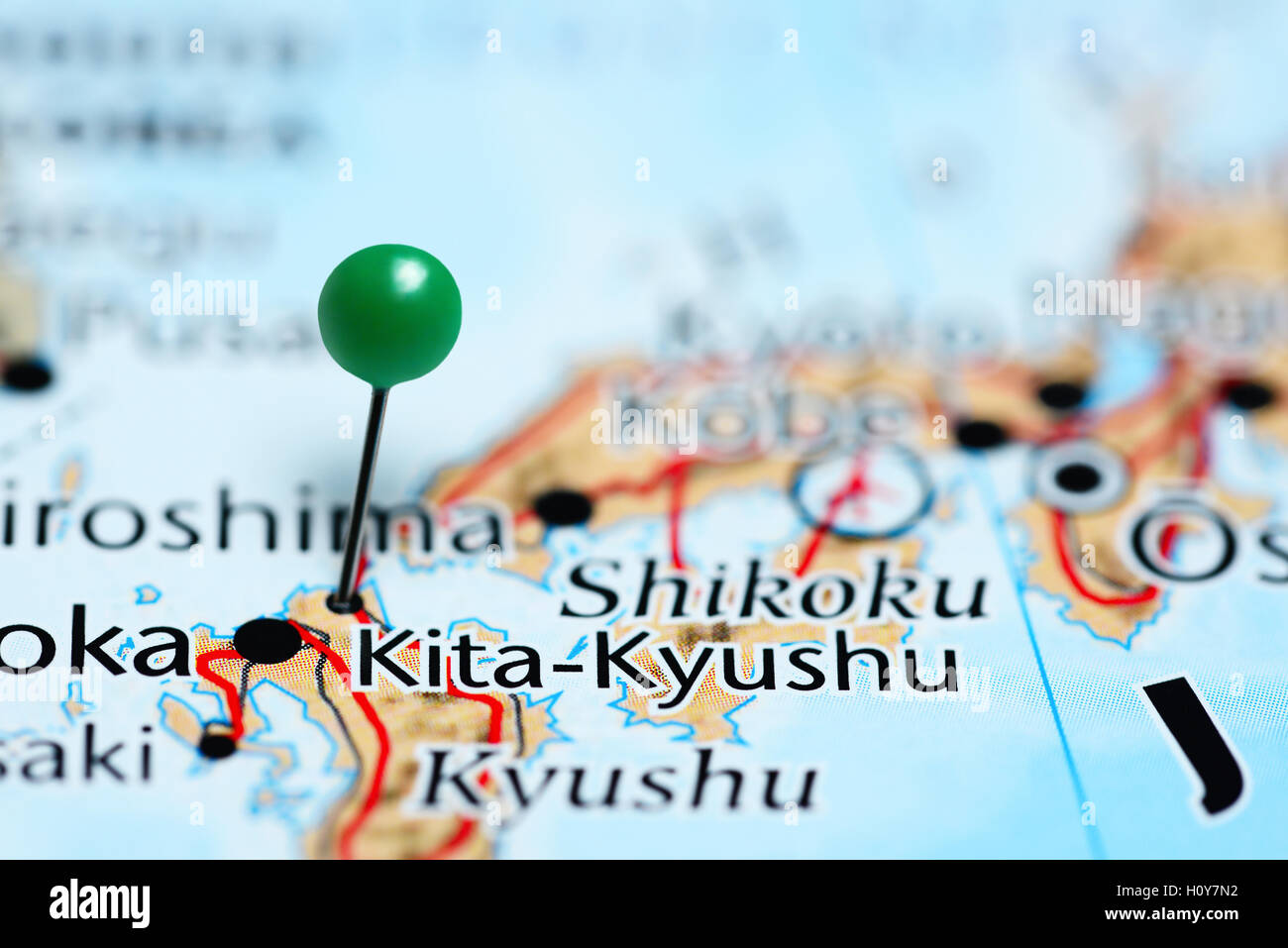 Kita-Kyushu épinglée sur une carte du Japon Banque D'Images