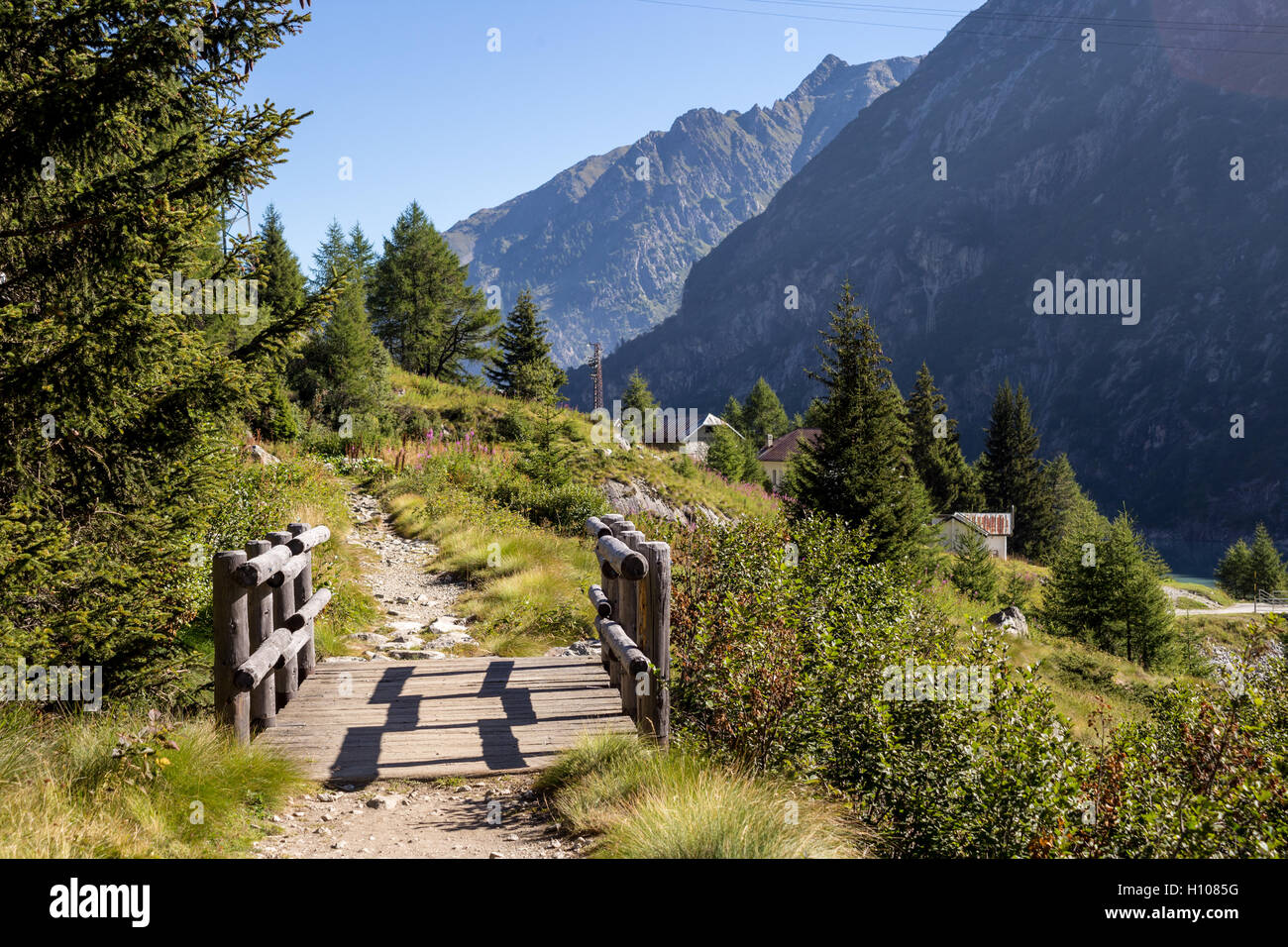 Pont de bois sur un petit ruisseau de montagne dans une scène. Ponte di Legno, valcamonica, Italie Banque D'Images