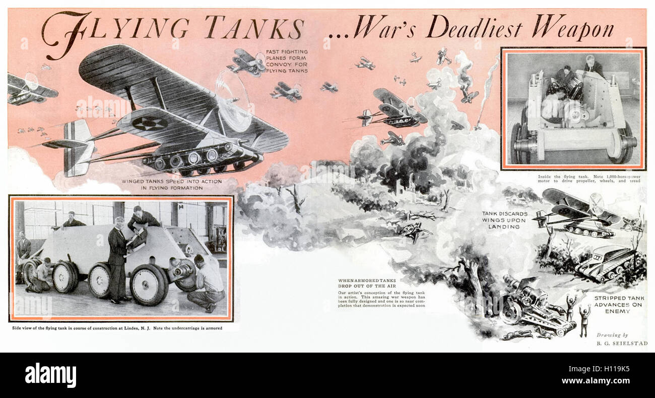 "Les réservoirs de vol ...plus mortel du guerre arme" de 'Popular Science Monthly Volume 121, juillet 1932. Illustration par B.G. Seielstad (1886-1960). Banque D'Images
