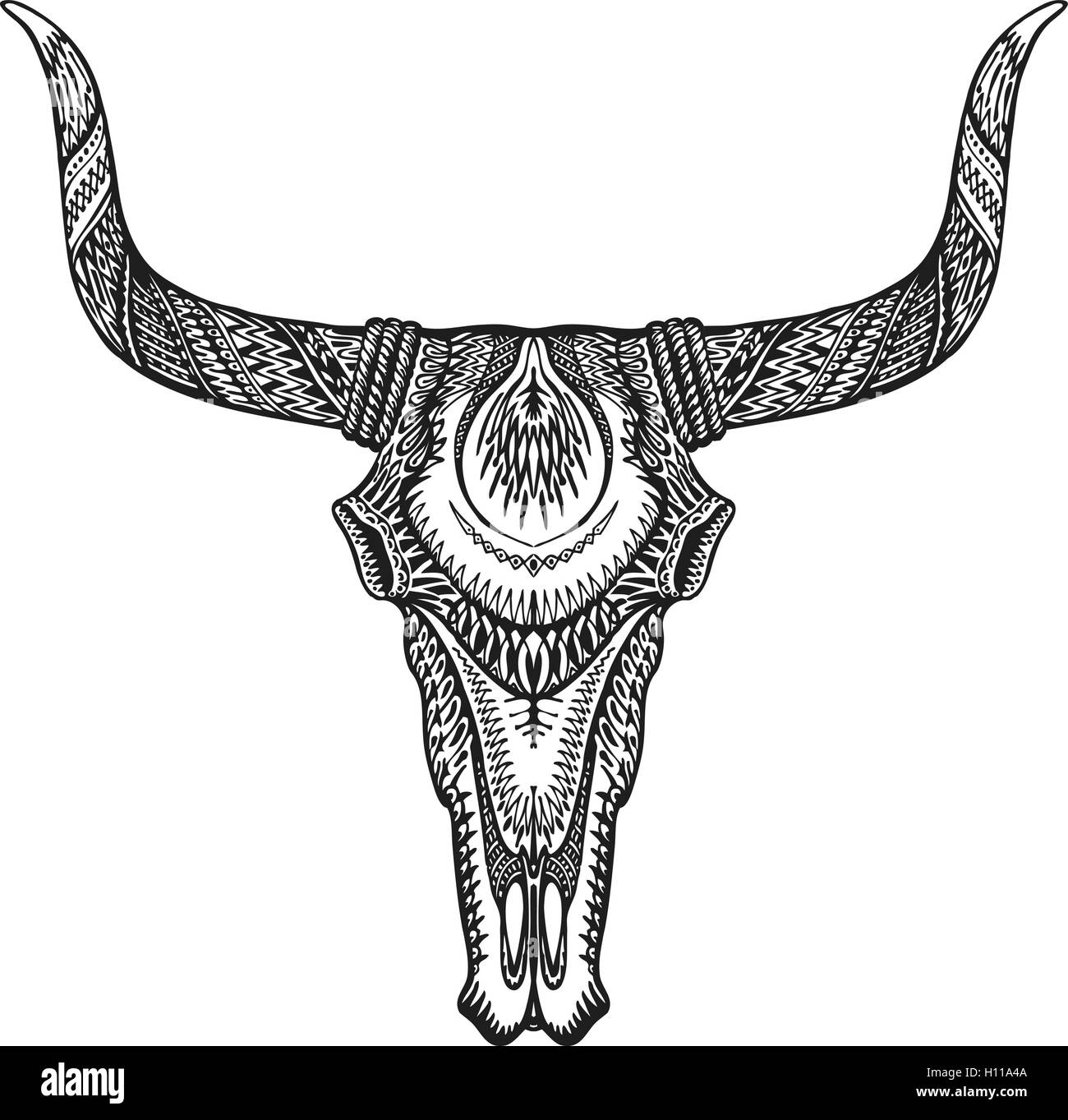 Bull décoratifs dans le style tribal tatouage crâne. Hand drawn vector illustration Illustration de Vecteur