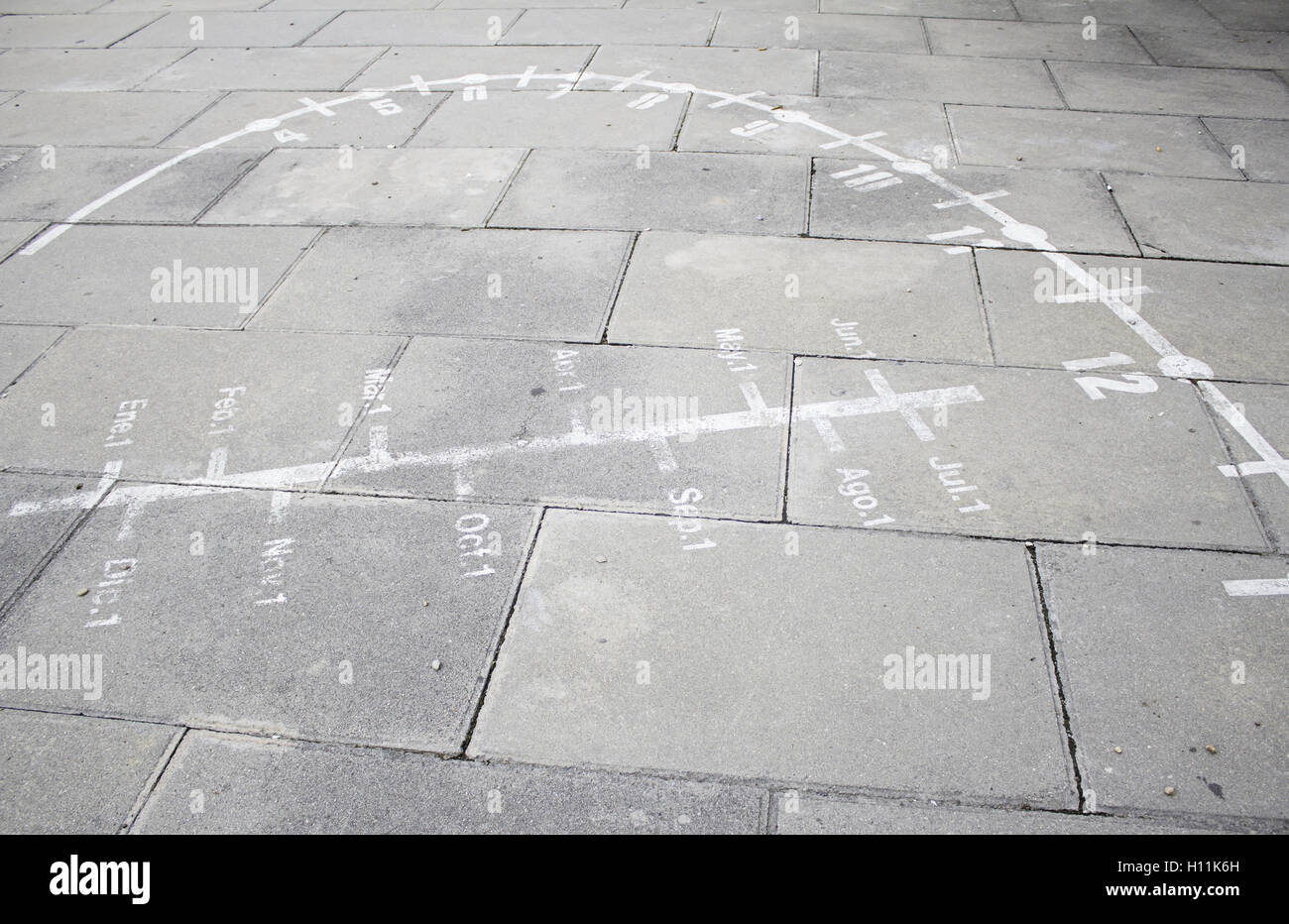 Cadran solaire peint sur le sol, symbole et signal Banque D'Images