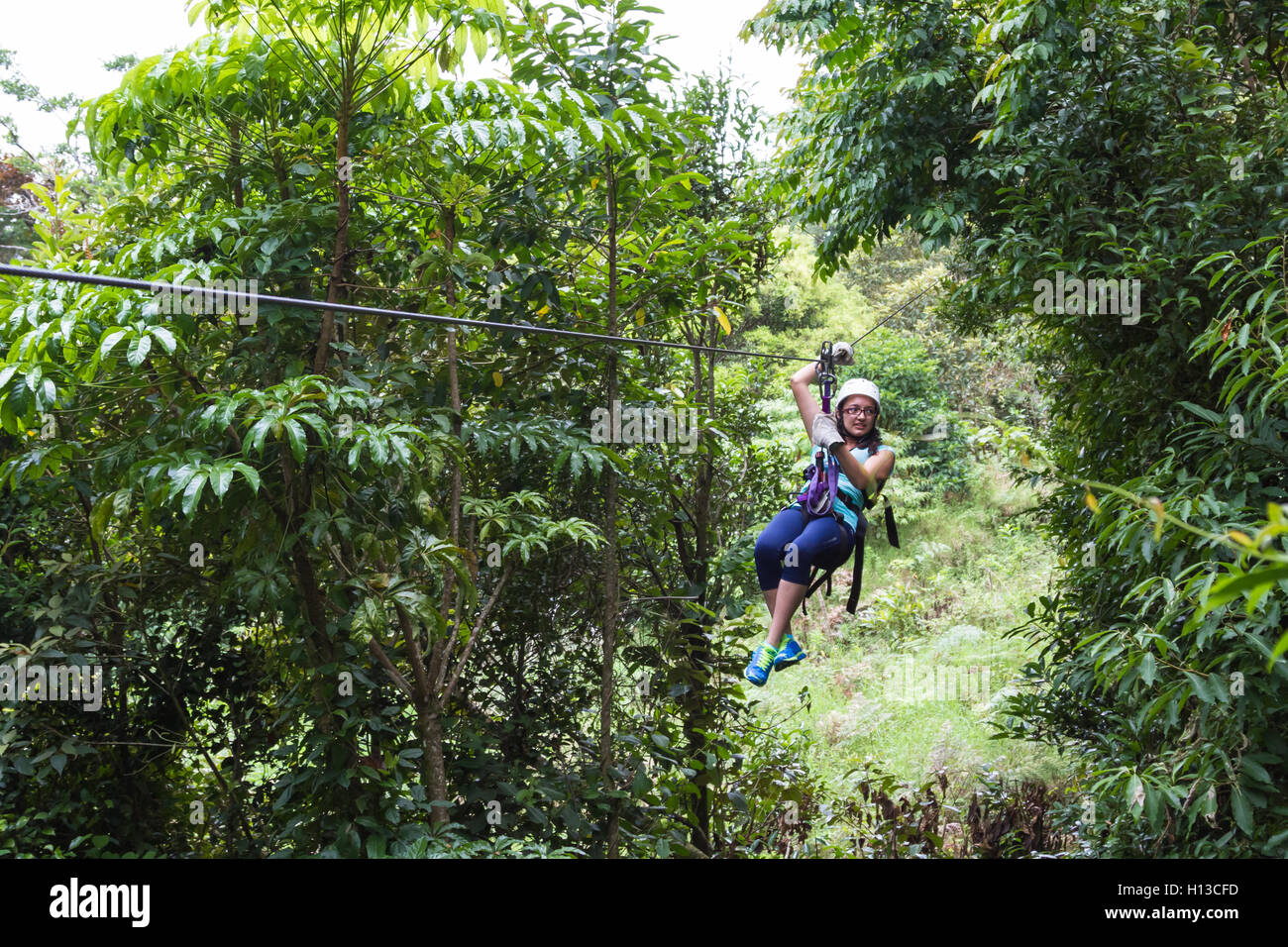 Monteverde, Costa Rica - 29 mai : jeune femme d'aventure tyrolienne à travers la forêt de nuage. 29 mai 2016, Monteverde, Costa Rica. Banque D'Images