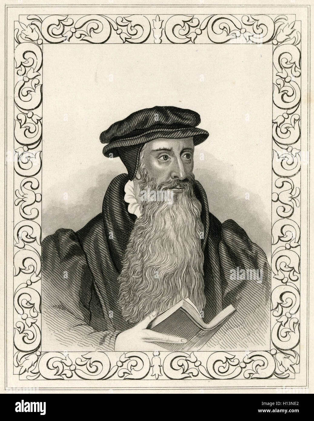 C Antique1850 gravure, John Knox. John Knox (1513-1572) était un ministre écossais, théologien et écrivain qui a été un chef de file de la réforme et est considéré comme le fondateur de l'Église presbytérienne d'Écosse. SOURCE : gravure originale. Banque D'Images