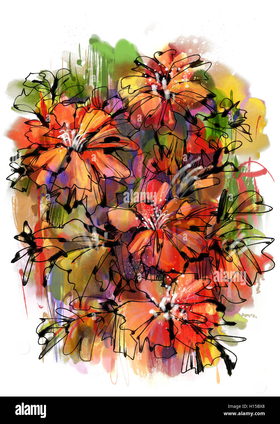 De la peinture abstraite colorée avec des fleurs de style aquarelle Banque D'Images