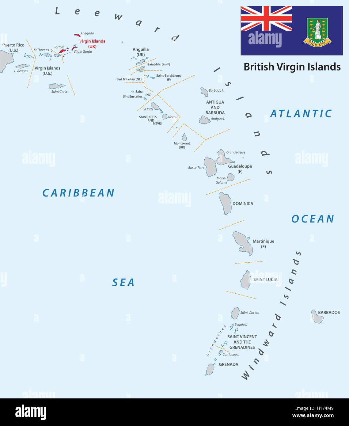 Petites Antilles carte à grandes lignes aux Iles vierges britanniques Illustration de Vecteur