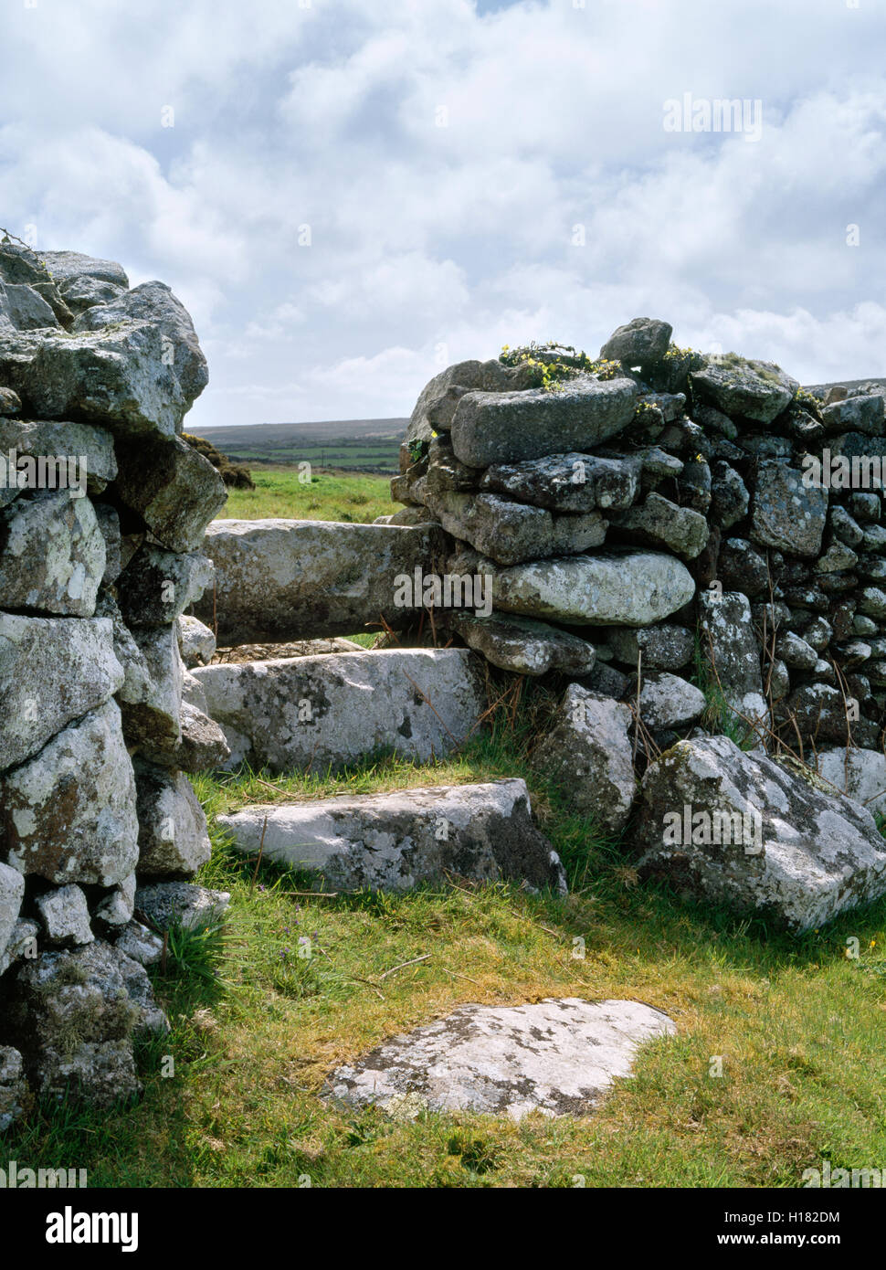 Mur de pierres sèches traditionnelles et sentier montant entre les champs, Bosporthenis, West Penwith, Cornwall, England, UK Banque D'Images