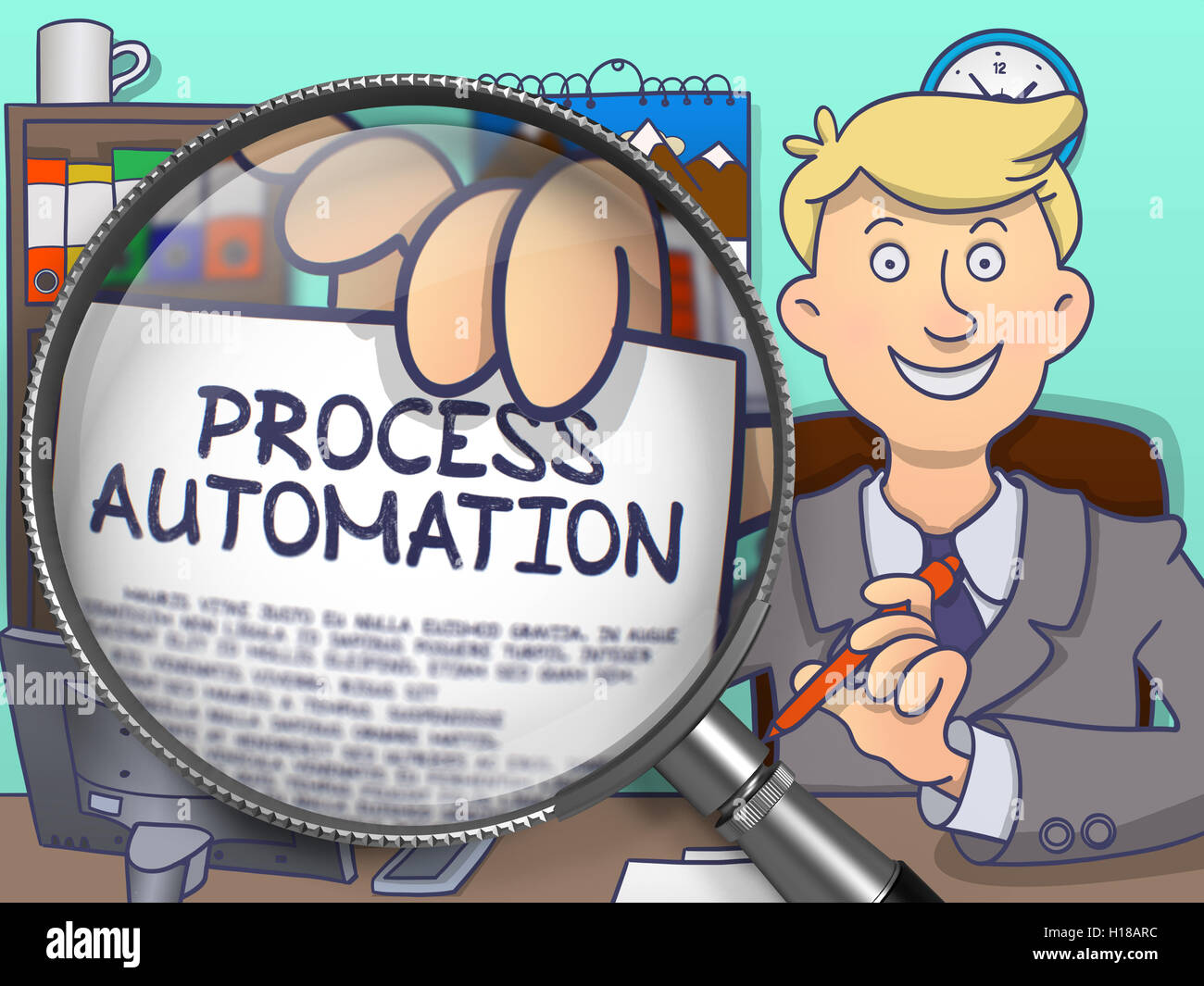 L'automatisation des processus à travers l'objectif. Doodle Style. Banque D'Images