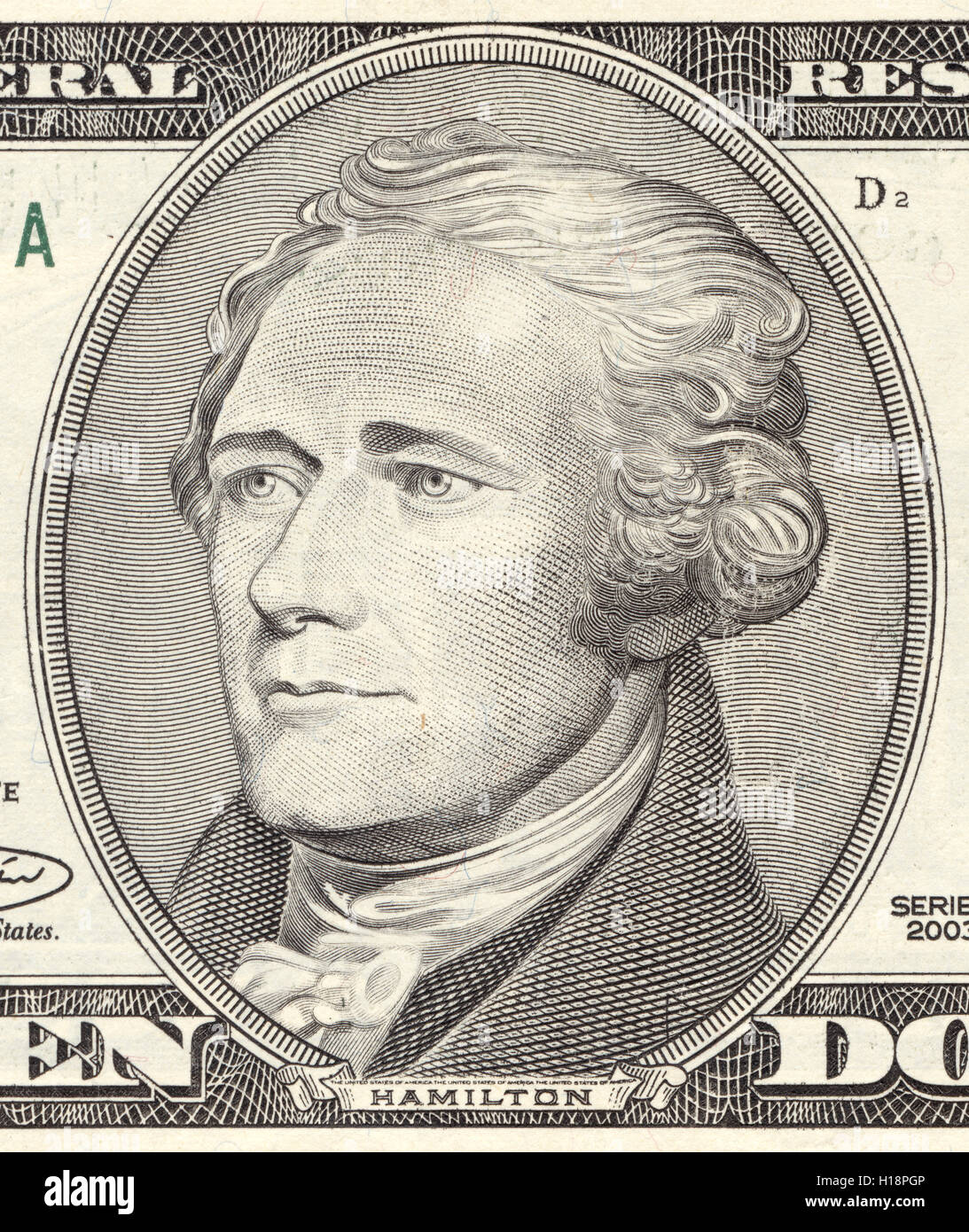 Alexander Hamilton portrait de dix dollars close-up. Vraies couleurs Banque D'Images
