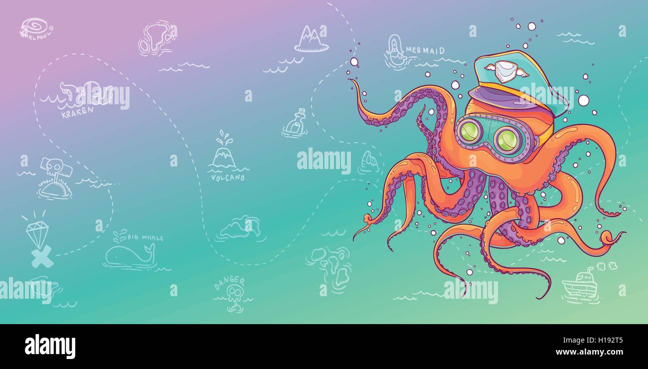 Vector Illustration d'Octopus portant chapeau et lunettes Capitaine Steampunk avec carte au trésor, l'arrière-plan de la bannière et l'impression Illustration de Vecteur