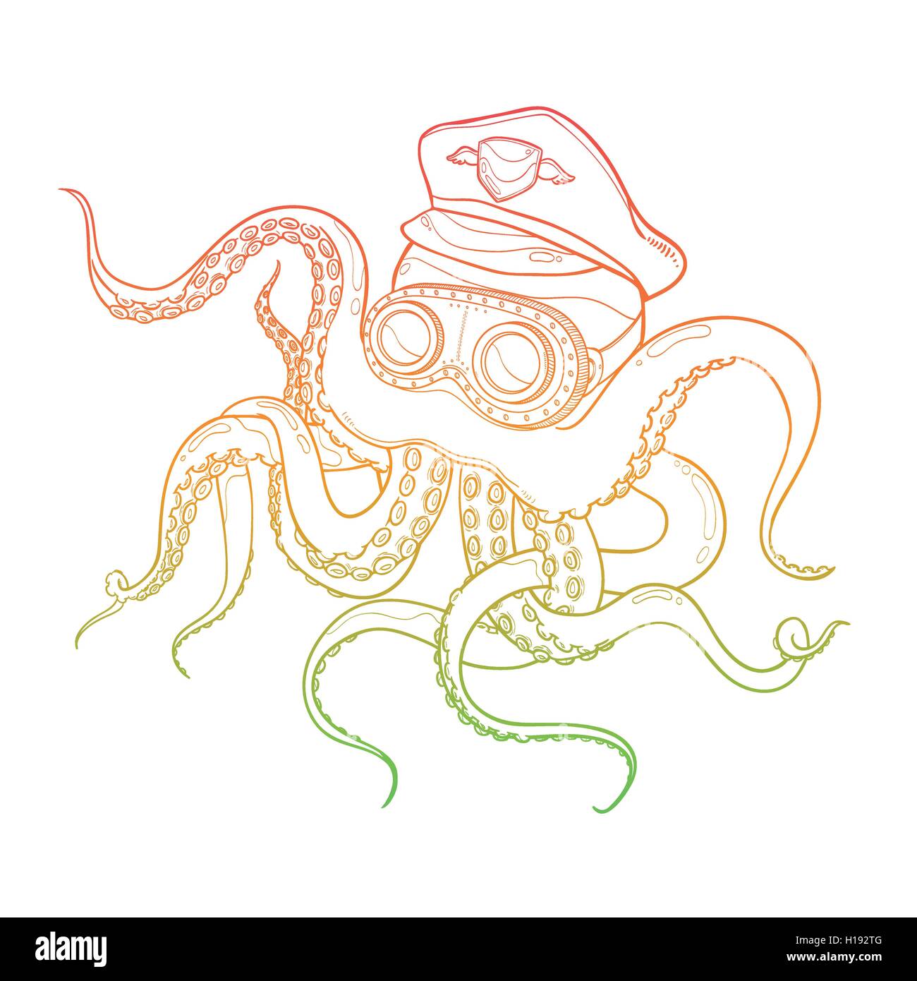 Vector Illustration de contours Octopus portant chapeau et lunettes Capitaine Steampunk sur fond blanc Illustration de Vecteur