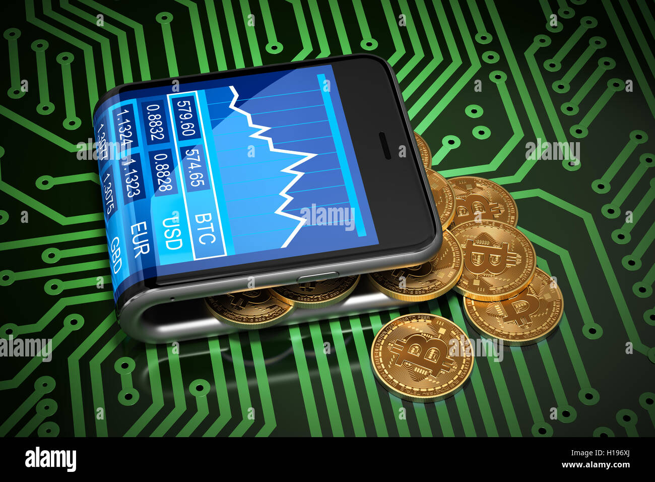 Concept de porte-monnaie virtuel et des Bitcoins sur circuit imprimé vert.  Les Bitcoins or renverse le Smartphone Photo Stock - Alamy