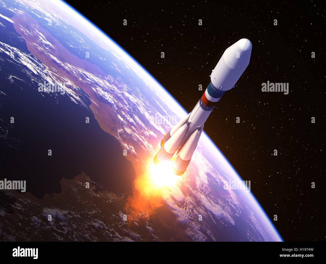 Lancement d'une fusée porteuse lourde dans l'espace. 3D Illustration. Banque D'Images