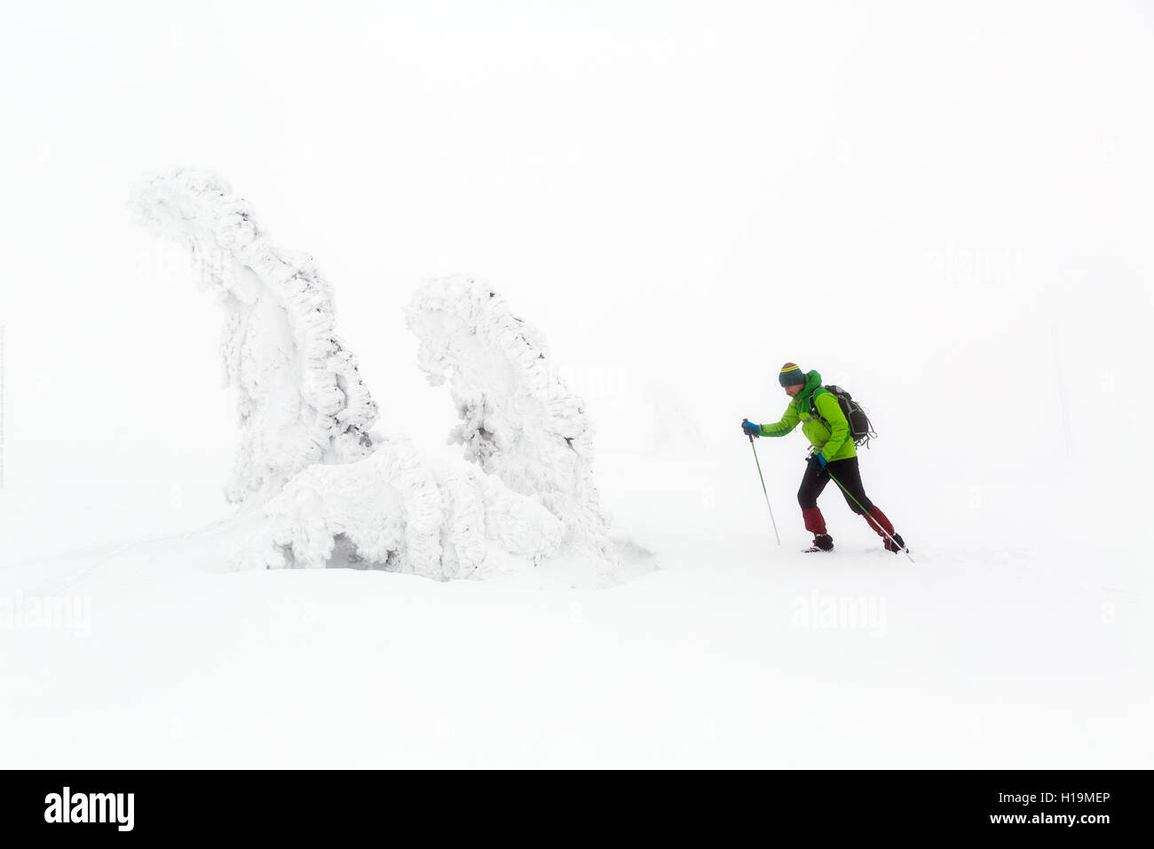 Randonnée d'hiver randonnées en montagnes de neige blanc d'hiver. Homme randonnée pédestre en hiver. Voyages loisirs fitness et natures mortes en bonne santé Banque D'Images