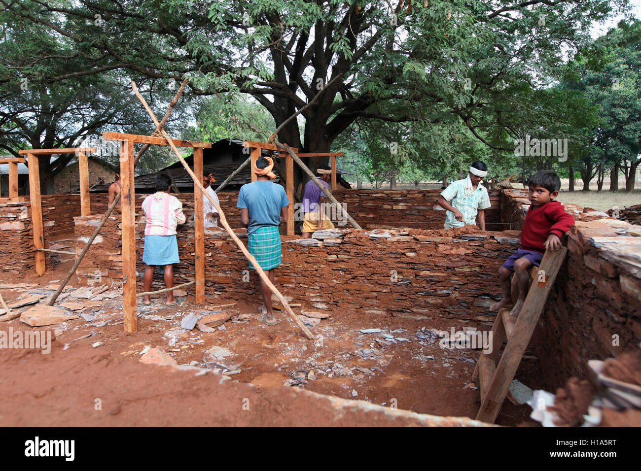Construction d'une maison, tribal tribu Dhurwa, Chindwara, Chattisgarh, Inde Banque D'Images