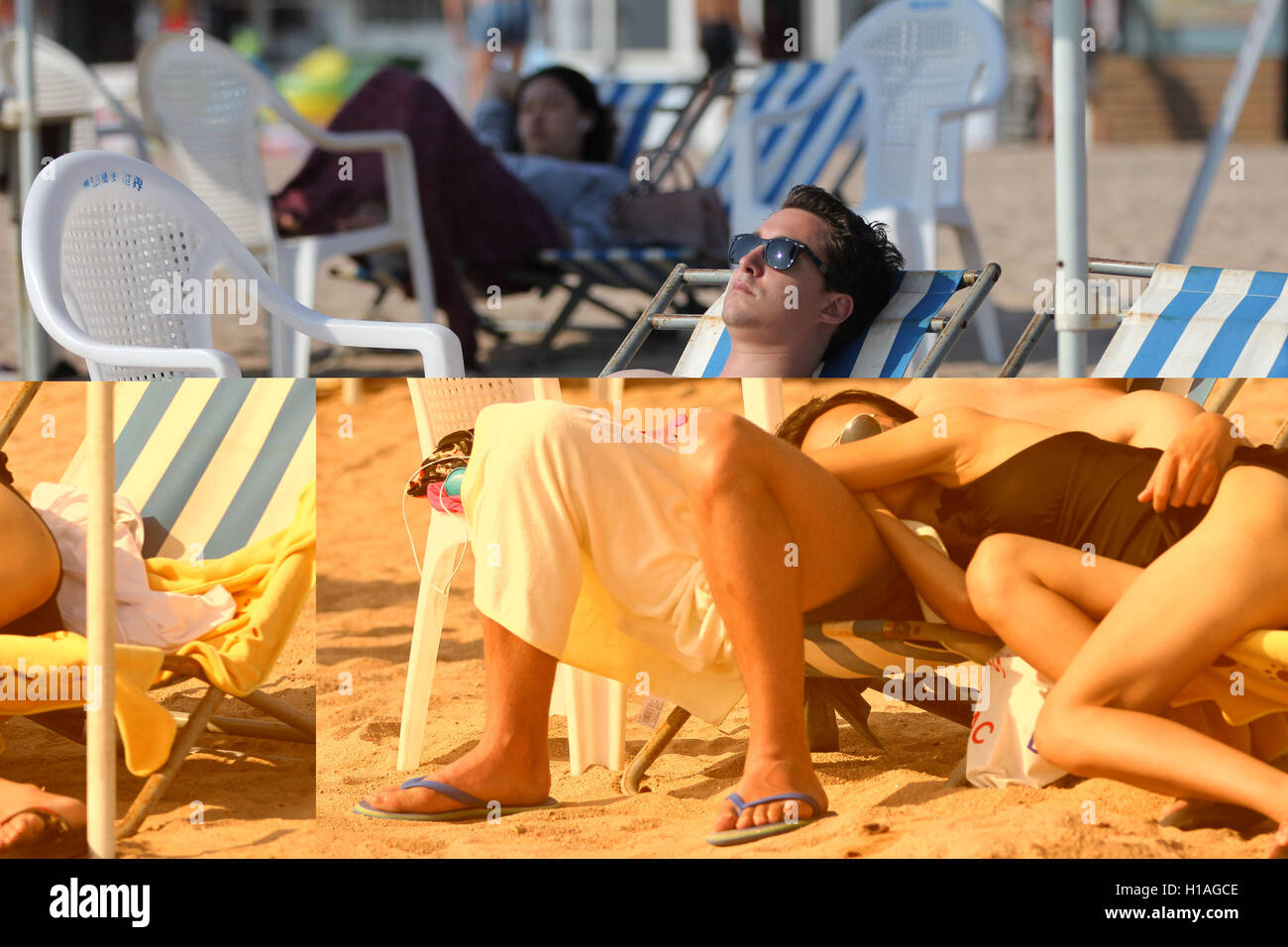 Qingdao, Qingdao, Chine. 22 Sep, 2016. Qingdao, Chine-Septembre 22 2016 : (usage éditorial uniquement. Chine OUT) Touristes sur une plage à Qingdao, Chine est¡¯s Â La province de Shandong, le jour de l'Équinoxe d'automne, le 22 septembre 2016. Comme l'automne venu, la plage n'est plus de monde à Qingdao. Un homme lui-même en costume de Zhu Bajie a attiré l'attention de nombreux touriste sur une plage de Qingdao. © SIPA Asie/ZUMA/Alamy Fil Live News Banque D'Images