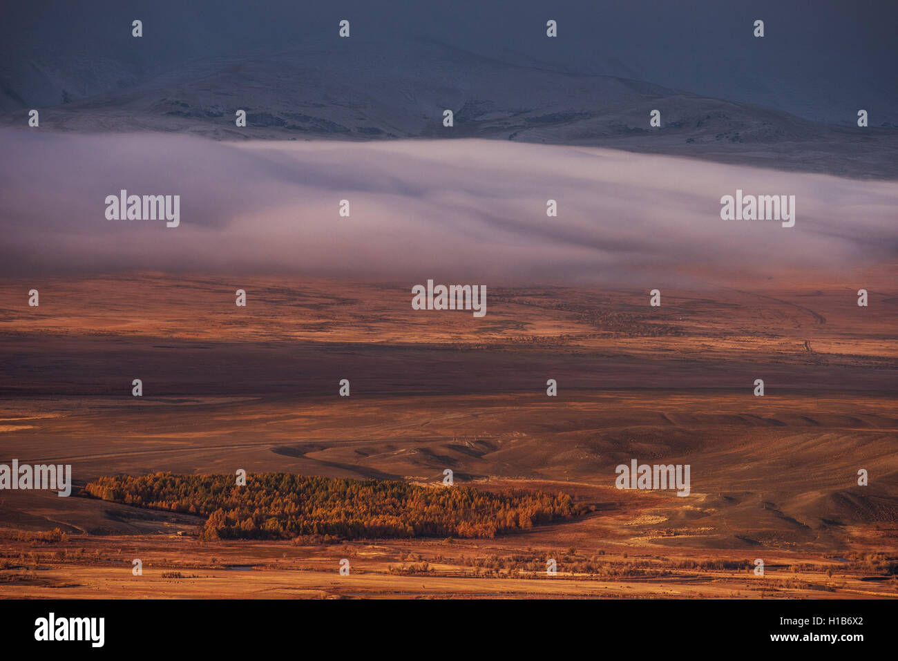 Mountain Valley sur le sombre ciel nuageux fond. Altay Banque D'Images