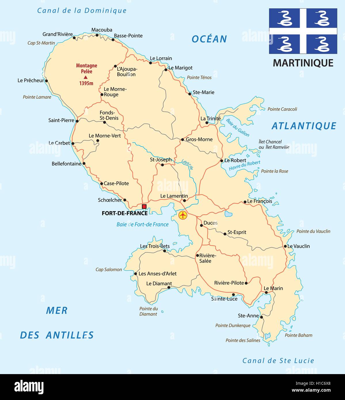 Carte routière de la Martinique avec drapeau Illustration de Vecteur