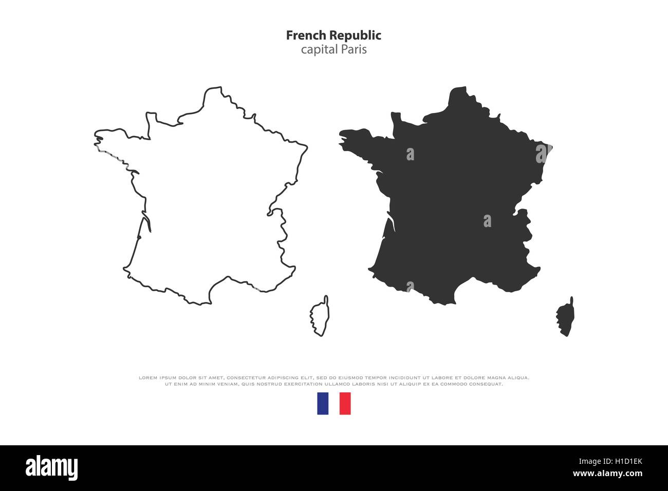 République française site contours et l'icône du drapeau officiel isolé sur fond blanc. vector illustration carte politique de la France. Europ Illustration de Vecteur