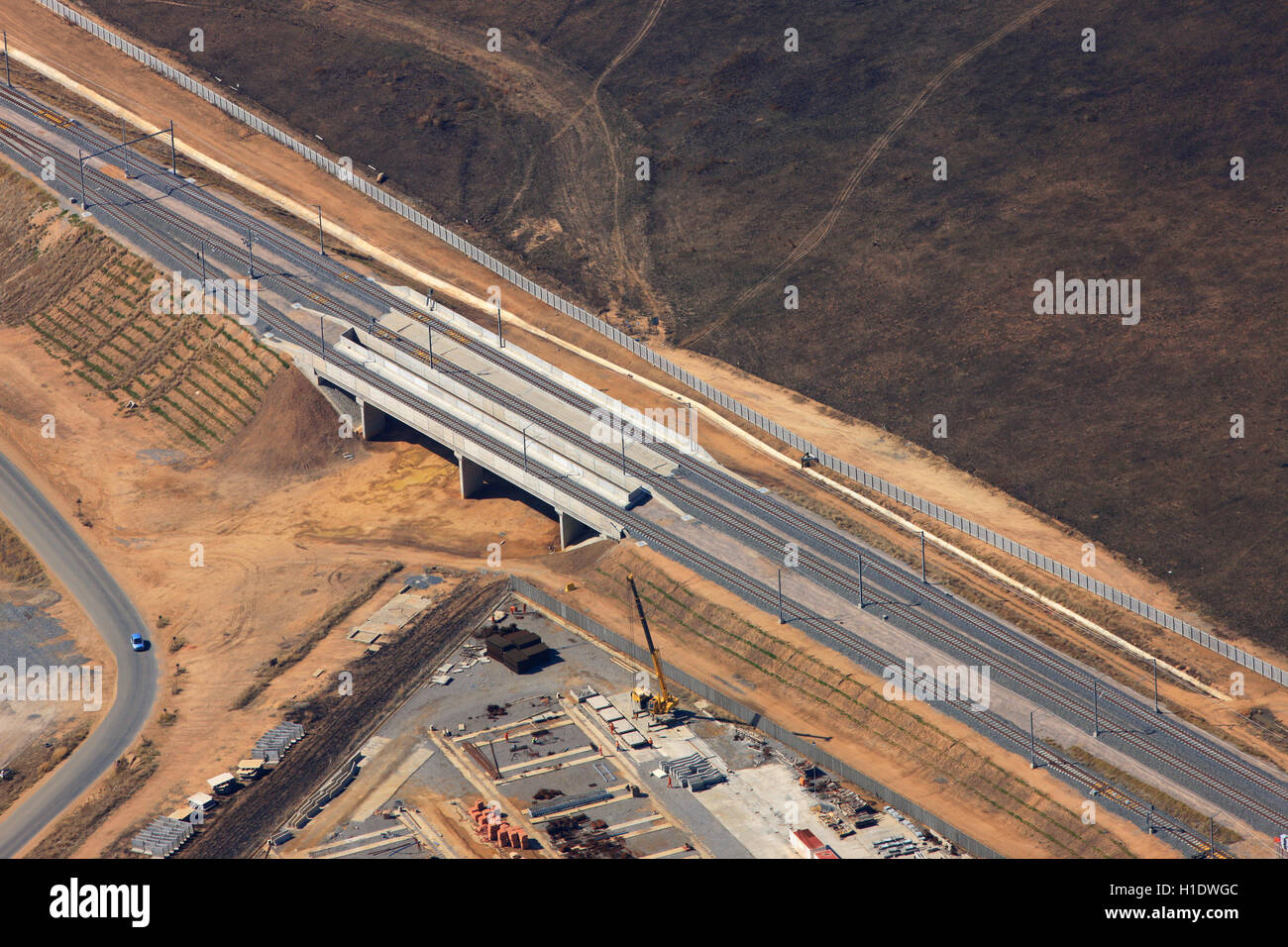 Photographie aérienne des pistes pour le Gautrain à Midrand, Johannesburg, Afrique du Sud Banque D'Images