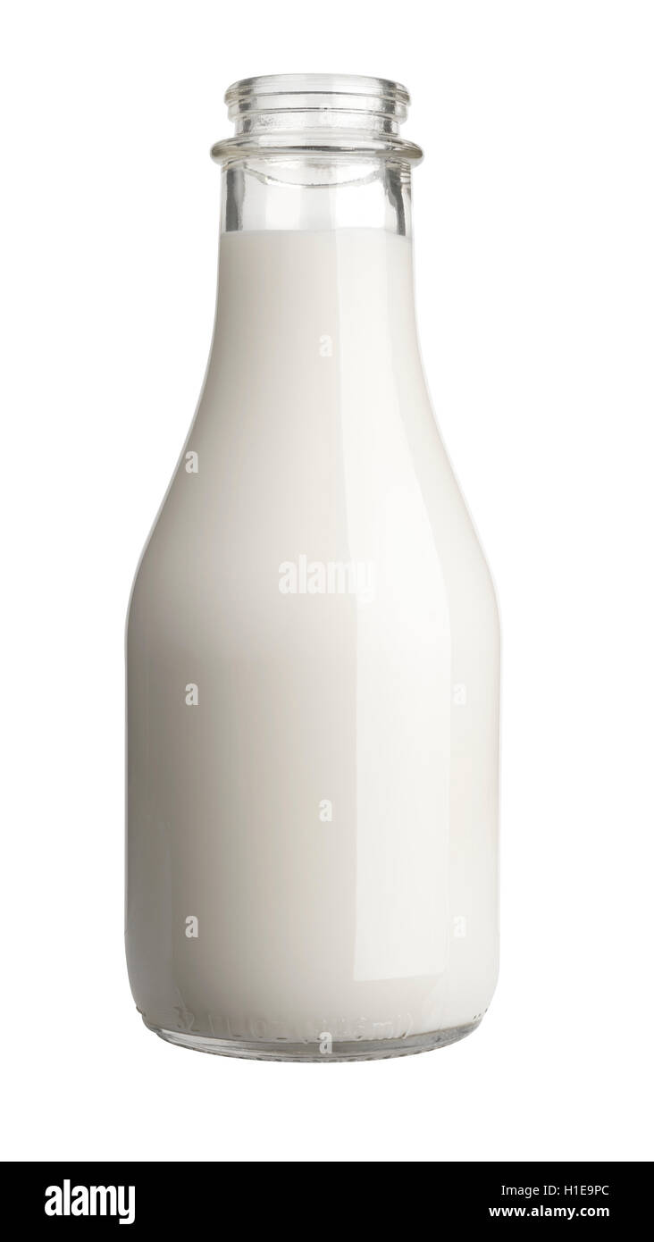 Une bouteille de lait sur fond blanc Banque D'Images