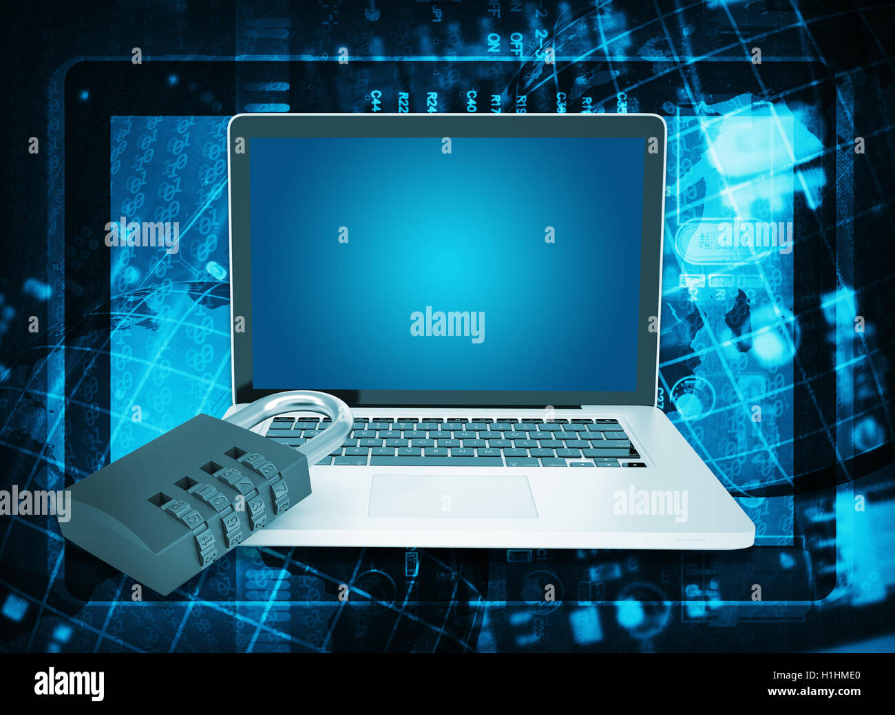 Ordinateur portable et le code verrou sur abstract background Banque D'Images