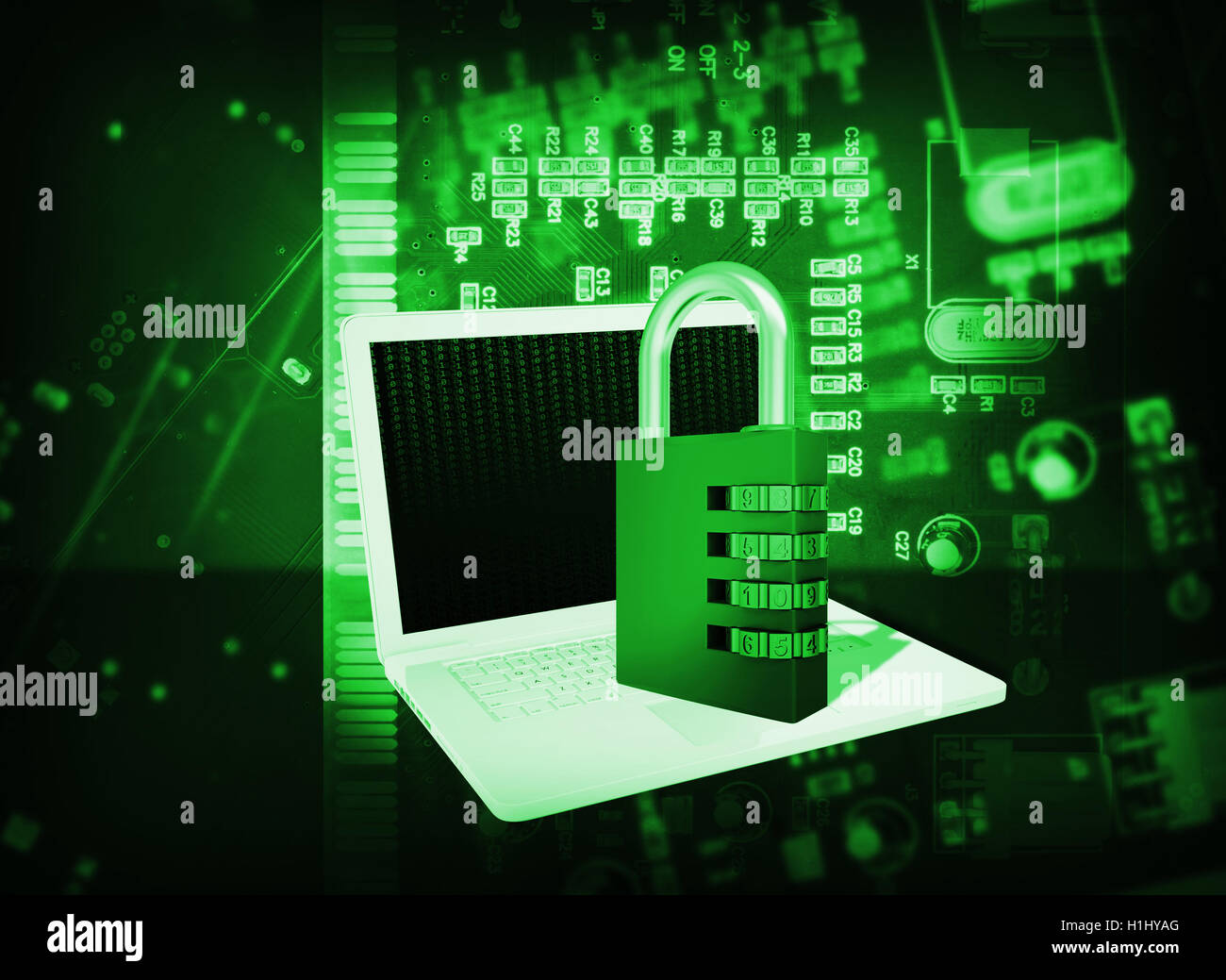 Ordinateur portable et le code verrou sur abstract background Banque D'Images