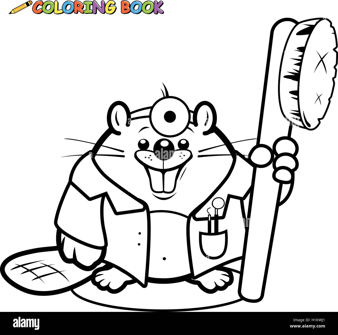 Un adorable dentiste de castor de dessin animé tenant une brosse à dents. Dentiste de castor de dessin animé avec des dents propres et saines. Page de coloriage noir et blanc vectoriel. Illustration de Vecteur
