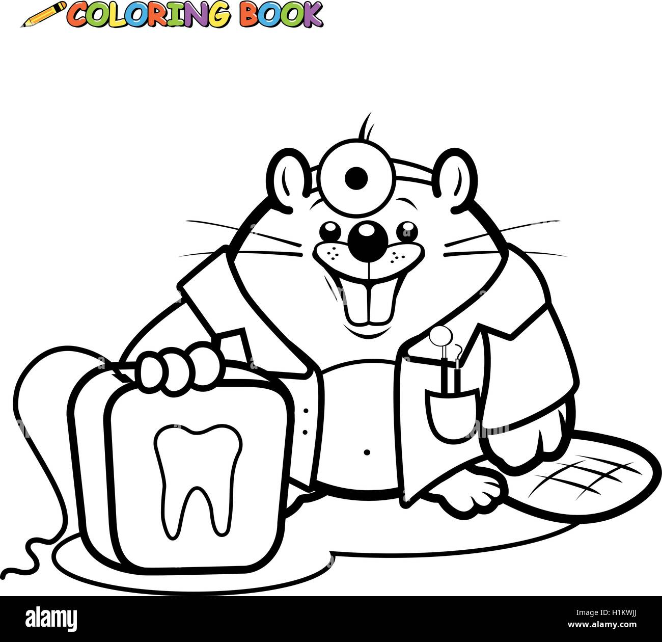 Dentiste de castor tenant un fil dentaire page à colorier. Illustration de Vecteur