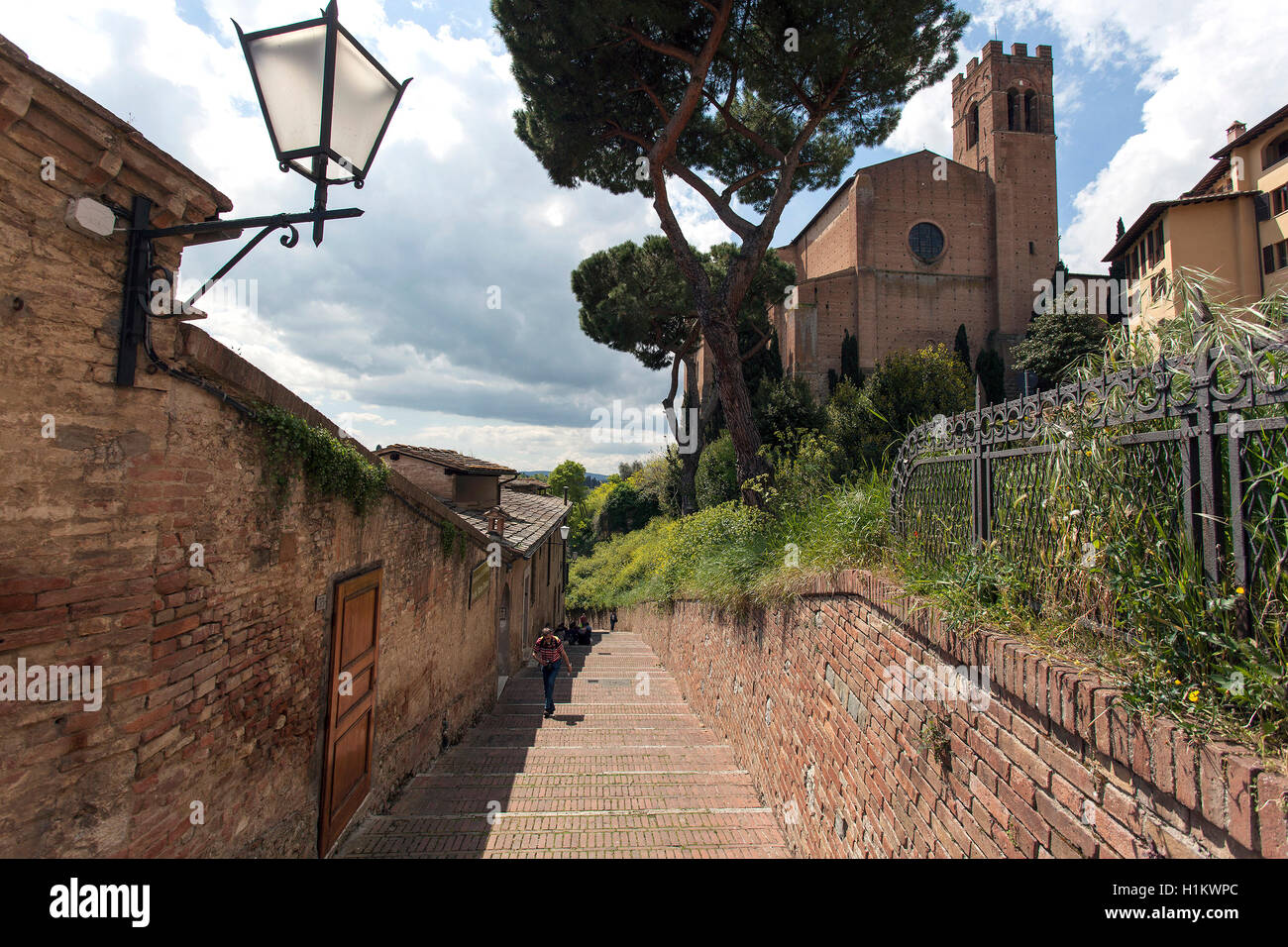 Ruelle dans le centre historique, la Basilique di San Domenico derrière, Sienne, Province de Sienne, Toscane, Italie Banque D'Images