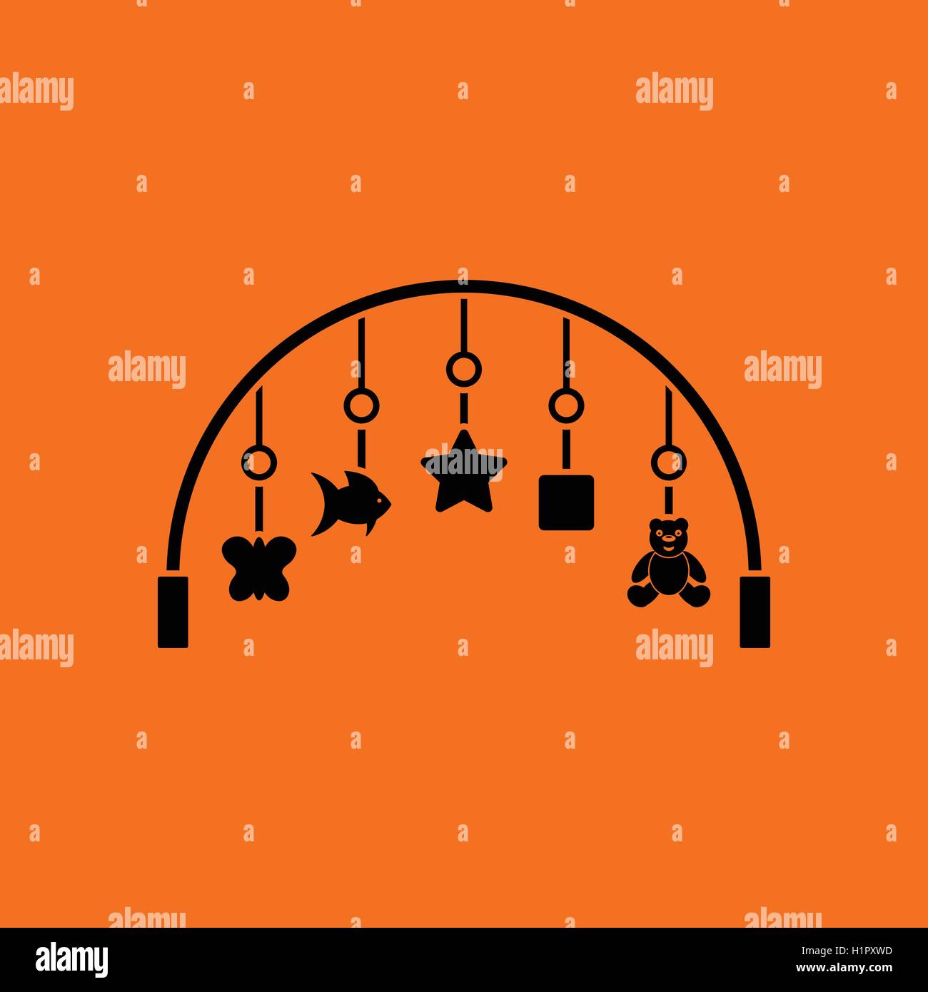 Avec arc bébé jouets pendus icône. Fond orange avec du noir. Vector illustration. Illustration de Vecteur