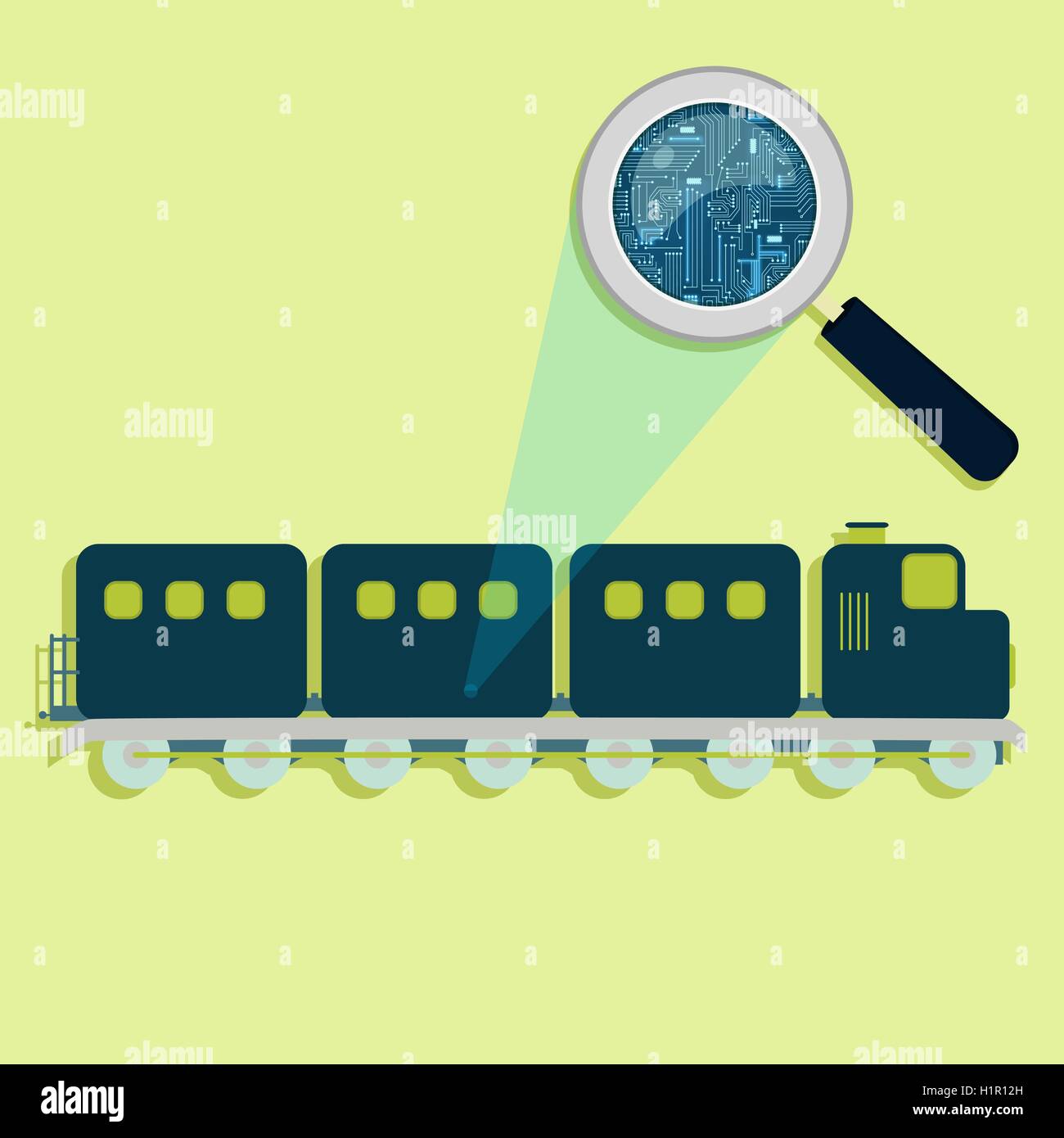 Loupe agrandissant circuit électronique de train. Concept. Illustration de Vecteur