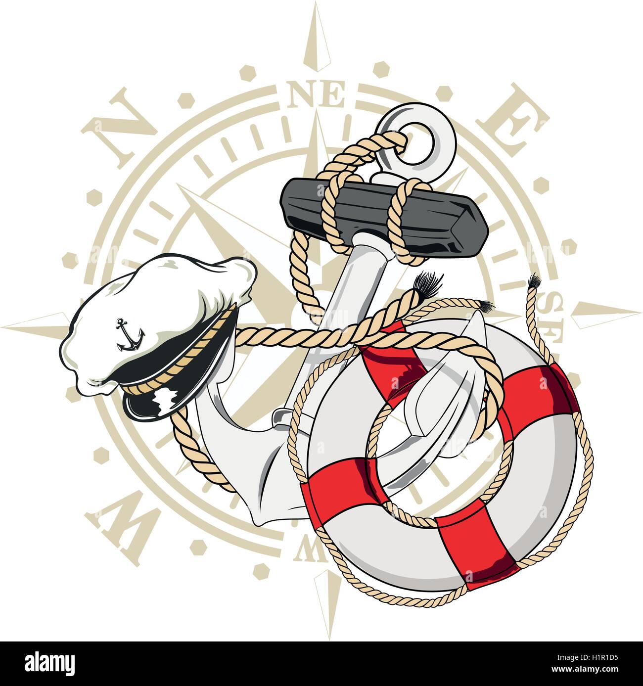 Conception d'un nautique captain's hat une bouée de sauvetage et d'une ancre. Illustration de Vecteur