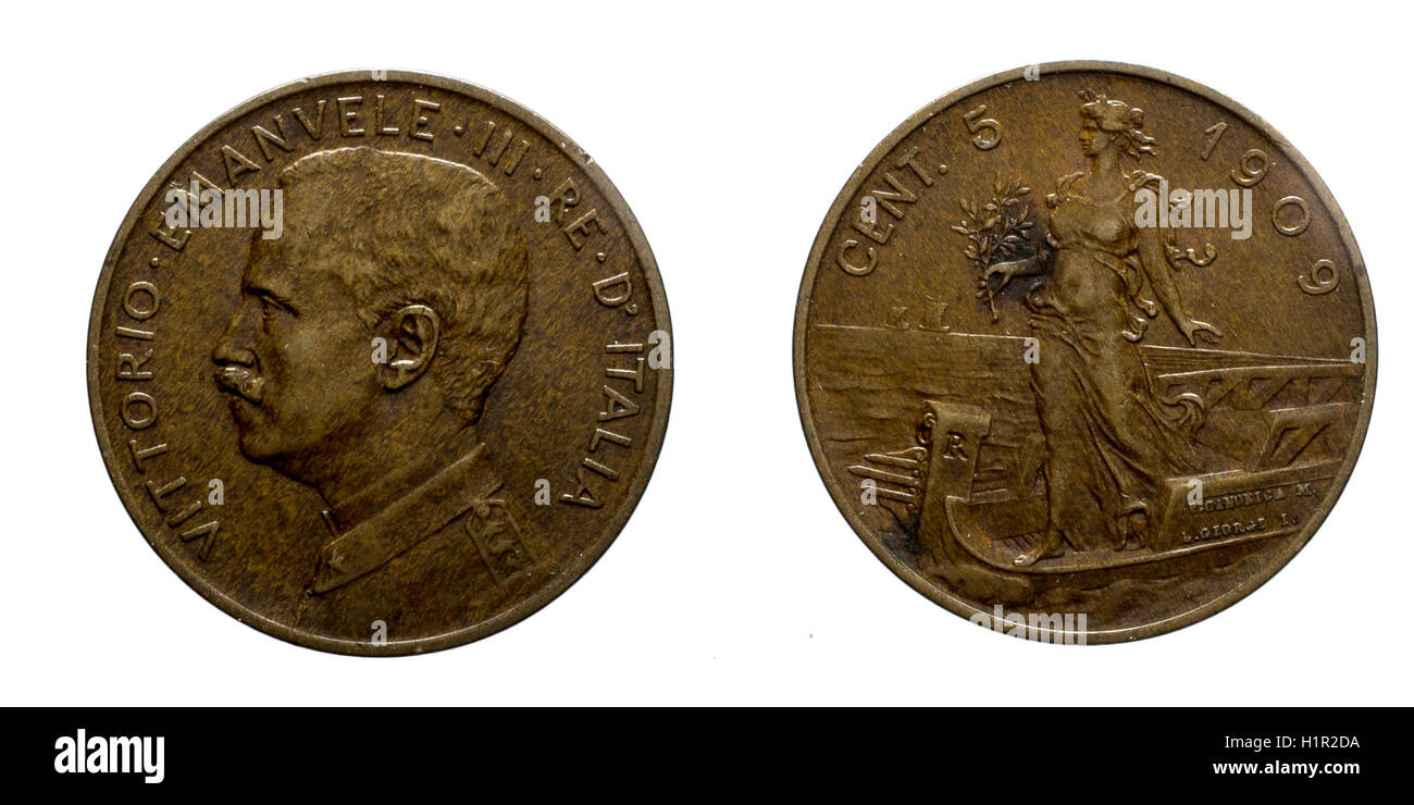 Cinq cents lires 5 pièce de cuivre de Prora 1909 Vittorio Emanuele III Royaume d'Italie, de menthe de Rome,Italie le voile sur l'avant et Vittori Banque D'Images