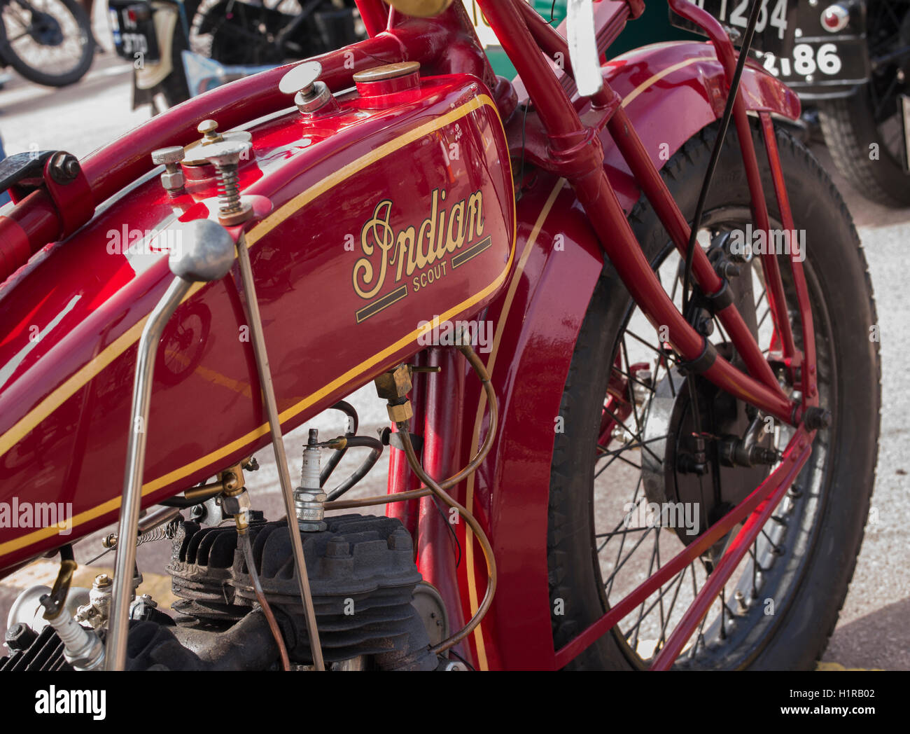 1924 500cc Moto Scout indien. American Classic motorcycle à Banbury VMCC Exécuter. L'Oxfordshire, Angleterre. Banque D'Images