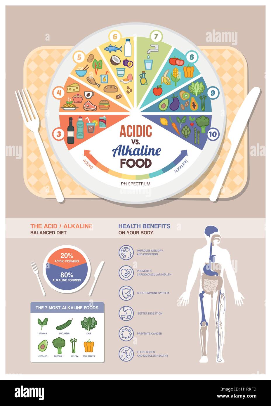 La nourriture de régime alcalin acide infographie graphique avec icônes alimentaire sur une échelle de ph, table avec parabole et corps humain avec santé benef Illustration de Vecteur