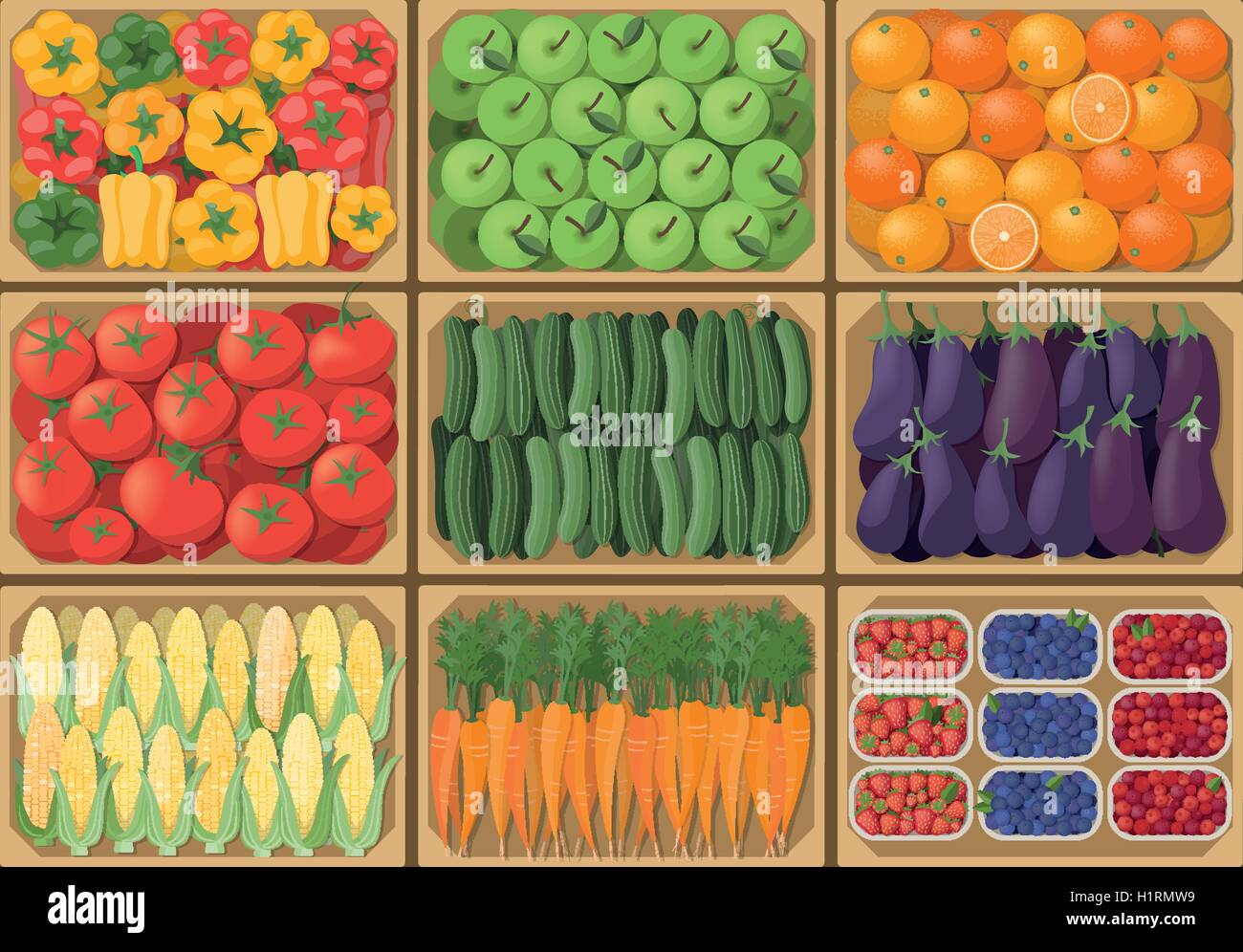 Caisses de légumes au marché de fermiers, vue du dessus, la récolte et la saine alimentation concept Illustration de Vecteur