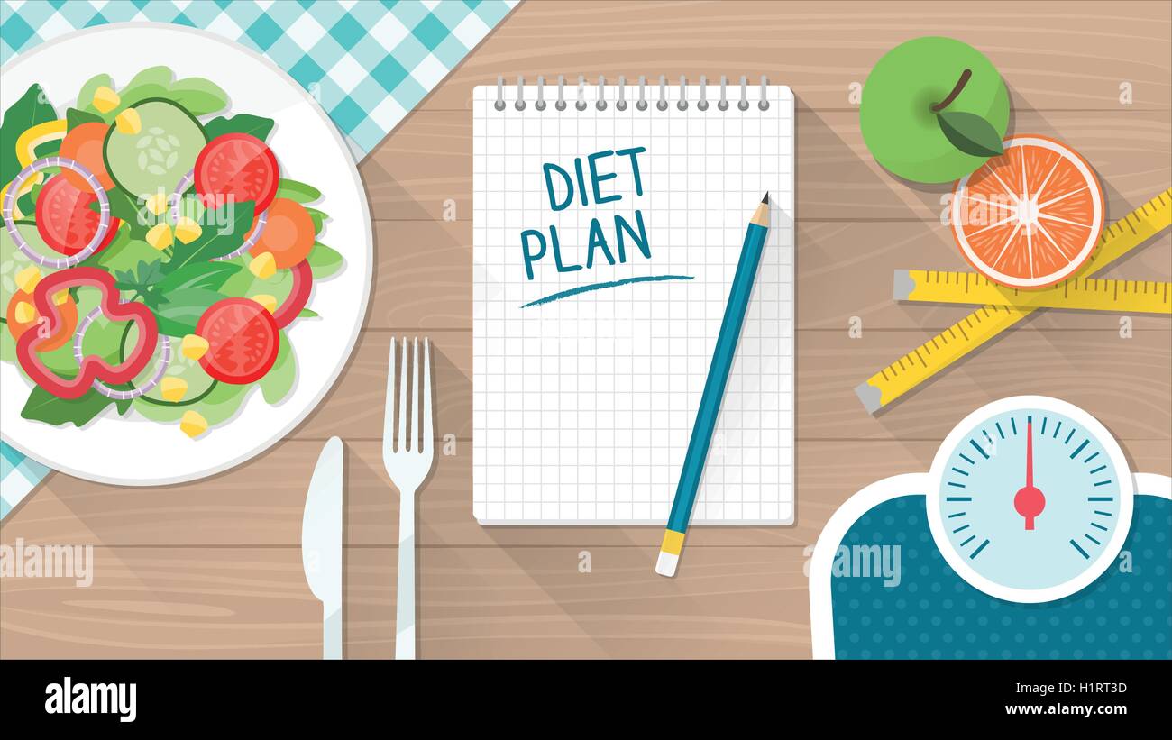 La nourriture, l'alimentation, mode de vie sain et la perte de poids bannière avec un plat de salade, set de table et l'échelle Illustration de Vecteur