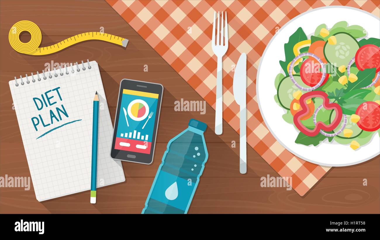 La nourriture, l'alimentation, mode de vie sain et la perte de poids bannière avec un plat de salade, set de table, smartphone et de régime sur un PC portable. Illustration de Vecteur