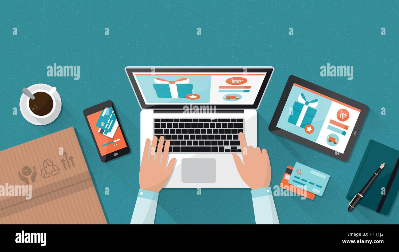 Le magasinage en ligne et concept de la prestation, de l'homme d'affaires de l'achat de produits et de commandes à l'aide d'un ordinateur portable Illustration de Vecteur