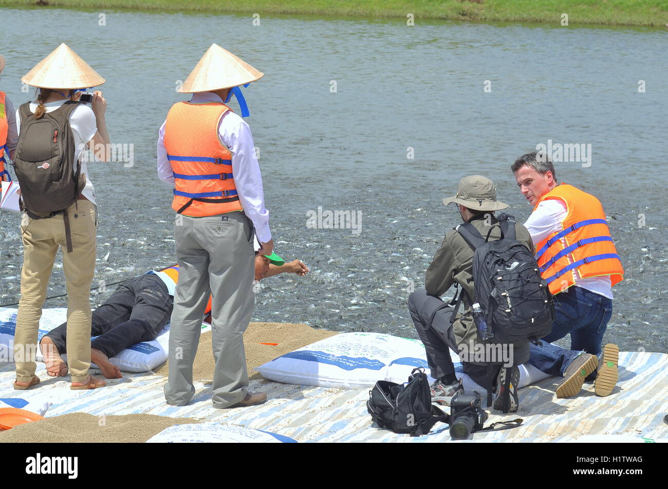 Dong Thap, Vietnam - 1 mars 2013 : reporters internationaux et les journalistes sont la visite d'un poisson-chat pangasius ferme dans le Mékong Banque D'Images