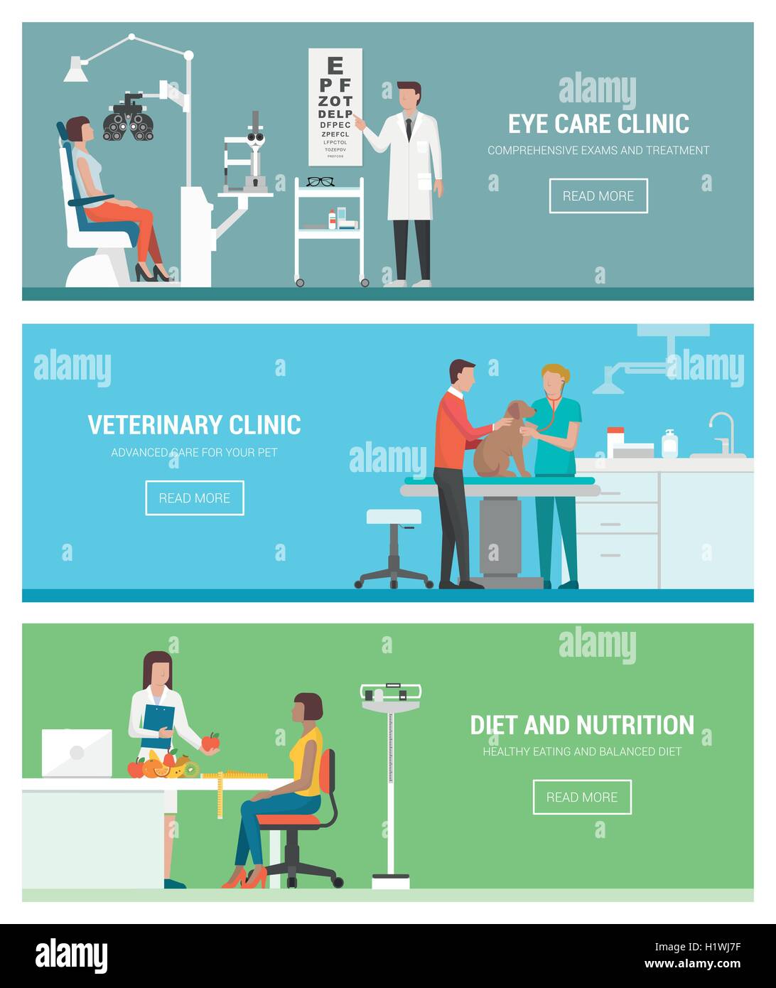 Les cliniques de santé et des banderoles fixées : examen de la vue et de l'opticien, vétérinaire clinique vétérinaire et le diététiste avec patient Illustration de Vecteur